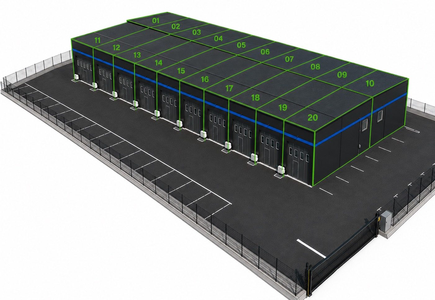 Rendering av en anläggning där varje lokal är markerad som en egen fastighet